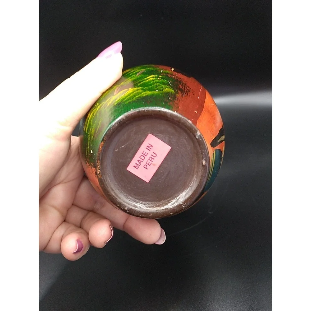 Small Pottery Vase Made In Peru Handpainted Signed Nina 4.75 in tall
